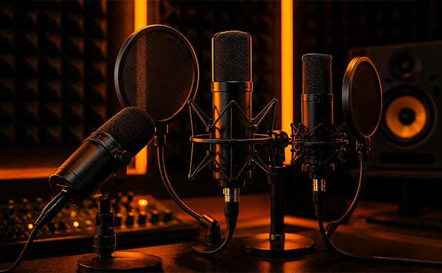 Professional condenser and dynamic podcast microphones at Bhoomerang Media studio, Hyderabad