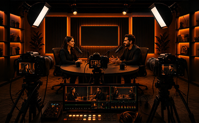 Video podcast setup with multi-angle cameras at Bhoomerang Media ESI Hyderabad