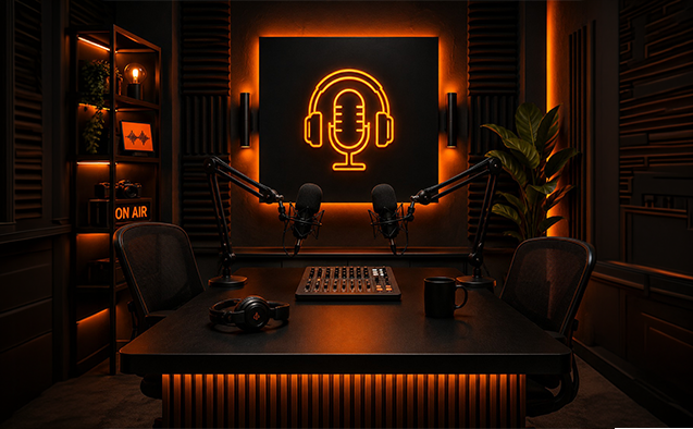 Soundproof podcast recording booth at Bhoomerang Media's ESI Hyderabad studio